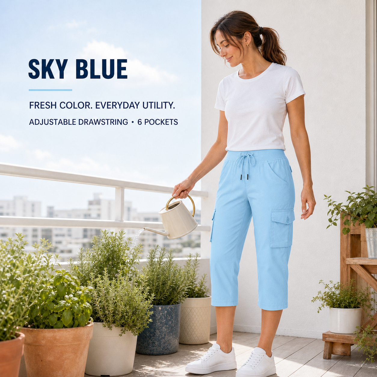 Sky Blue women's cargo capri pants 8-Pack lifestyle scene