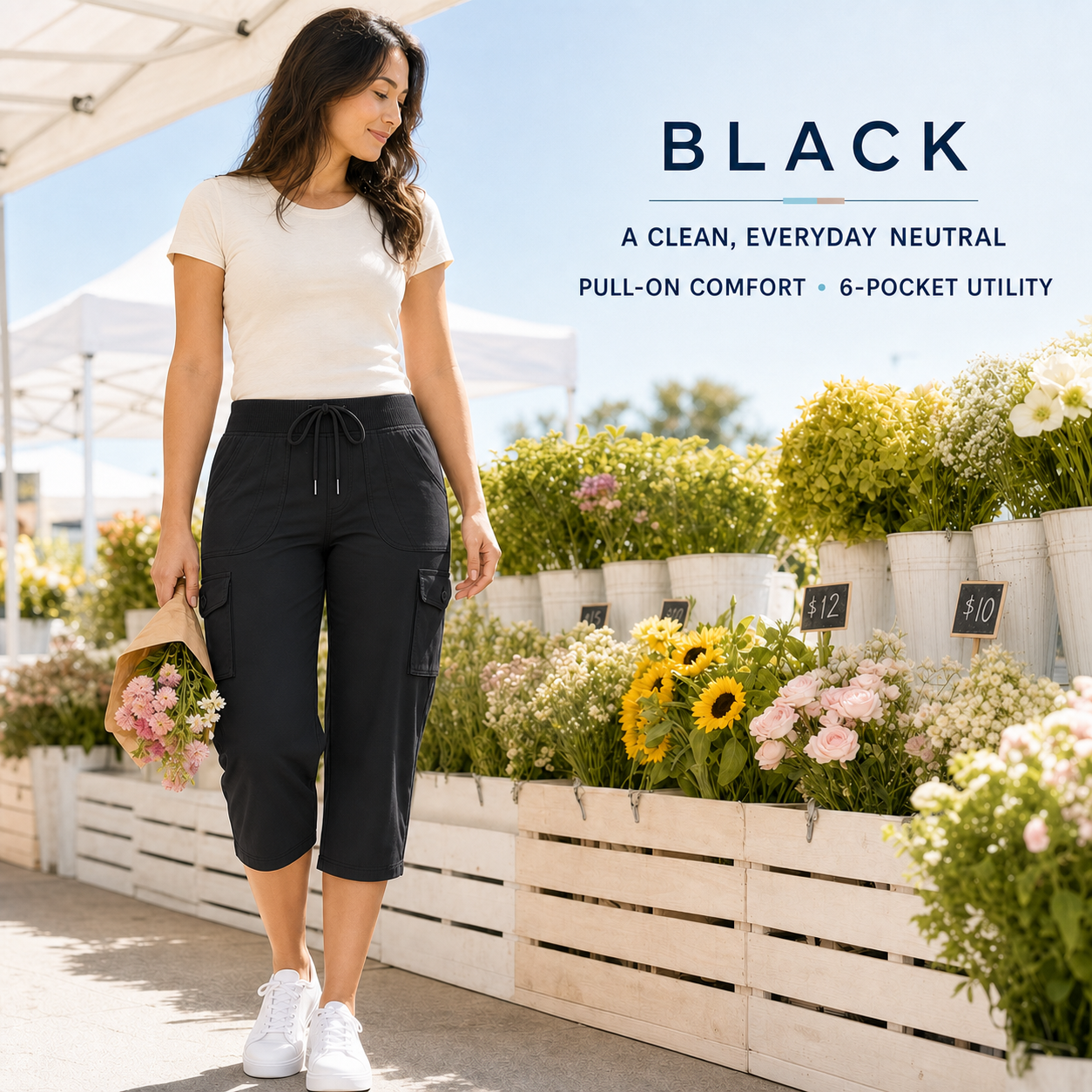 Black women's cargo capri pants 8-Pack lifestyle scene