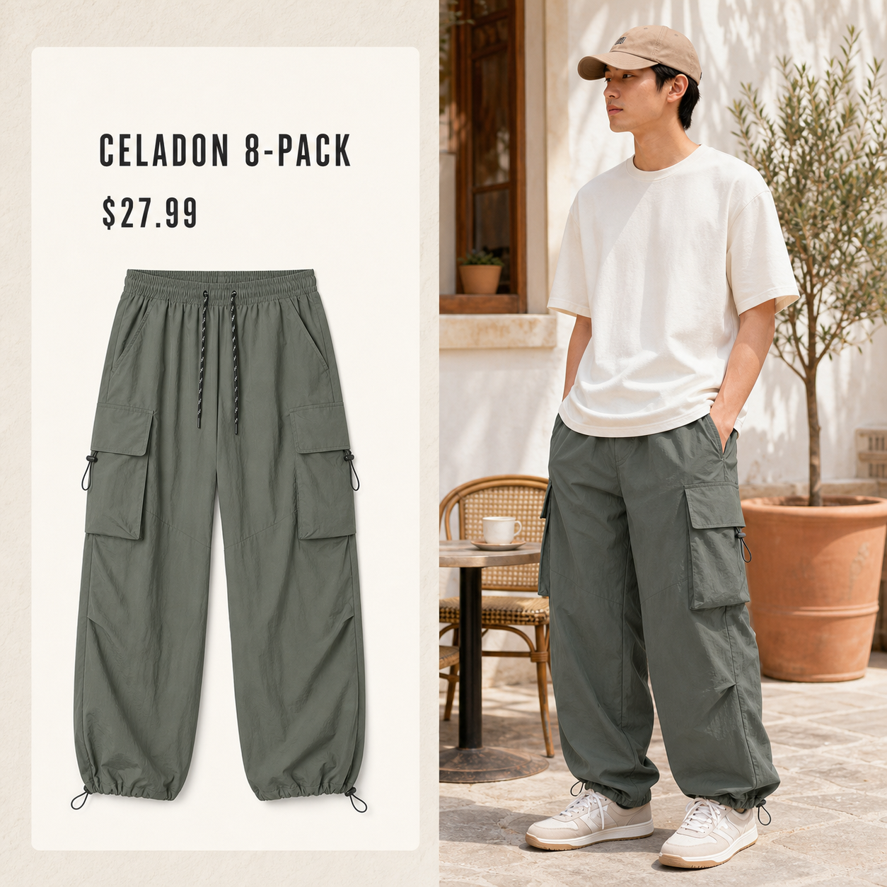 Celadon lightweight parachute cargo pants 8-Pack