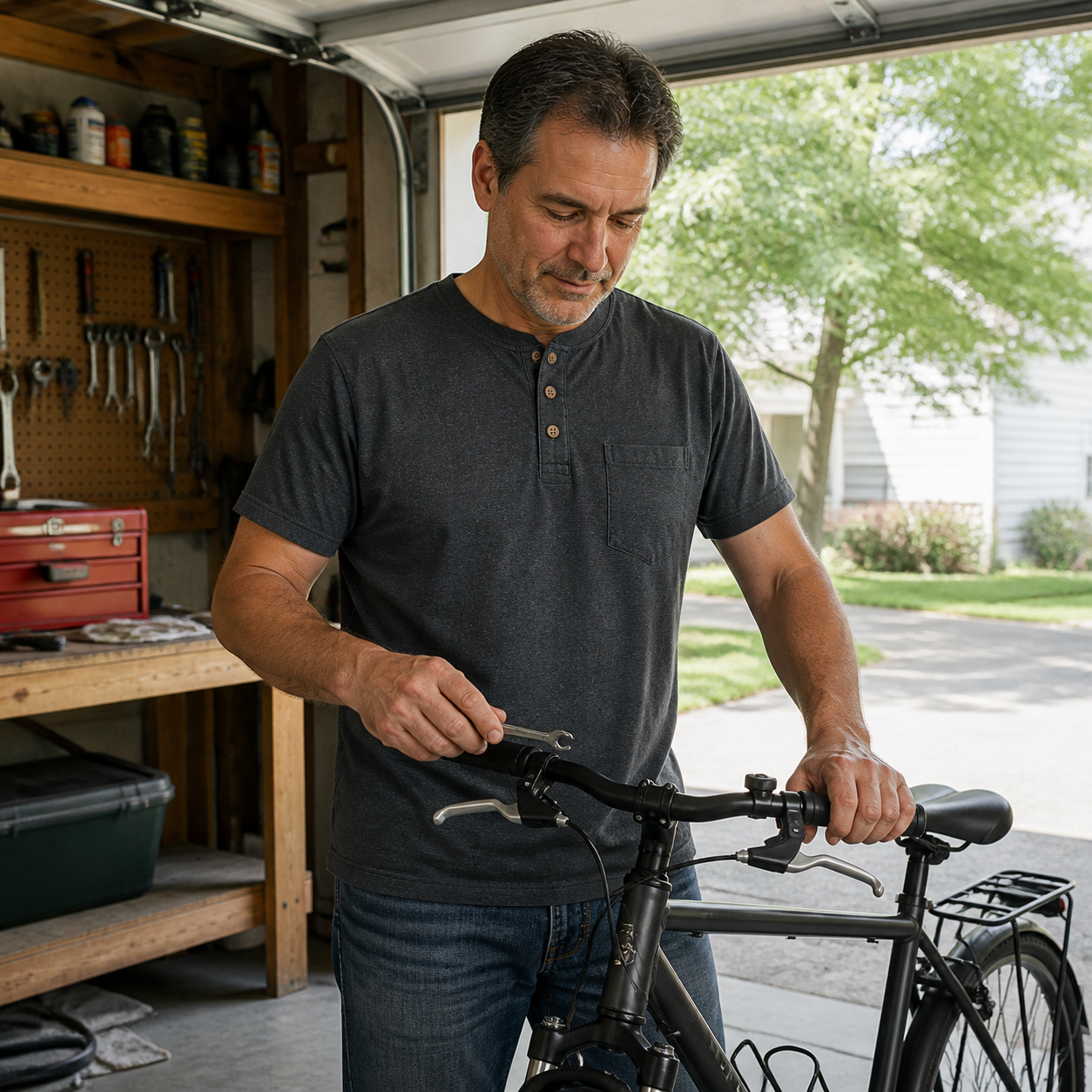 Charcoal Heather pocket Henley in a natural bicycle repair scene