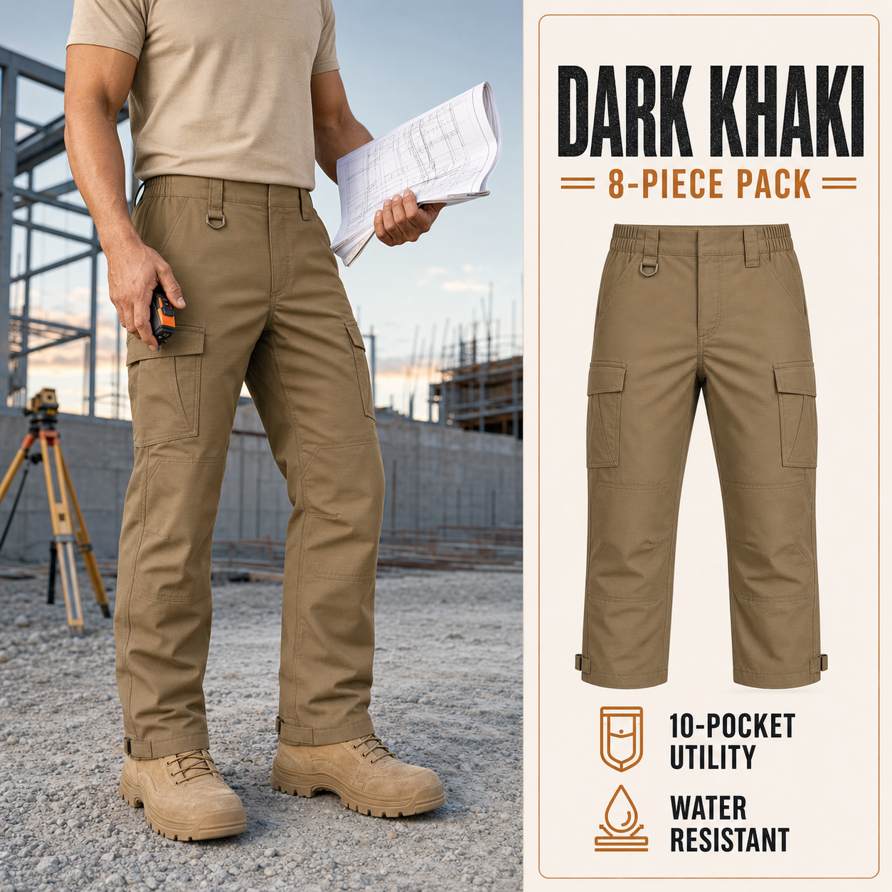 Dark Khaki 8-Pack lightweight ripstop tactical work pants