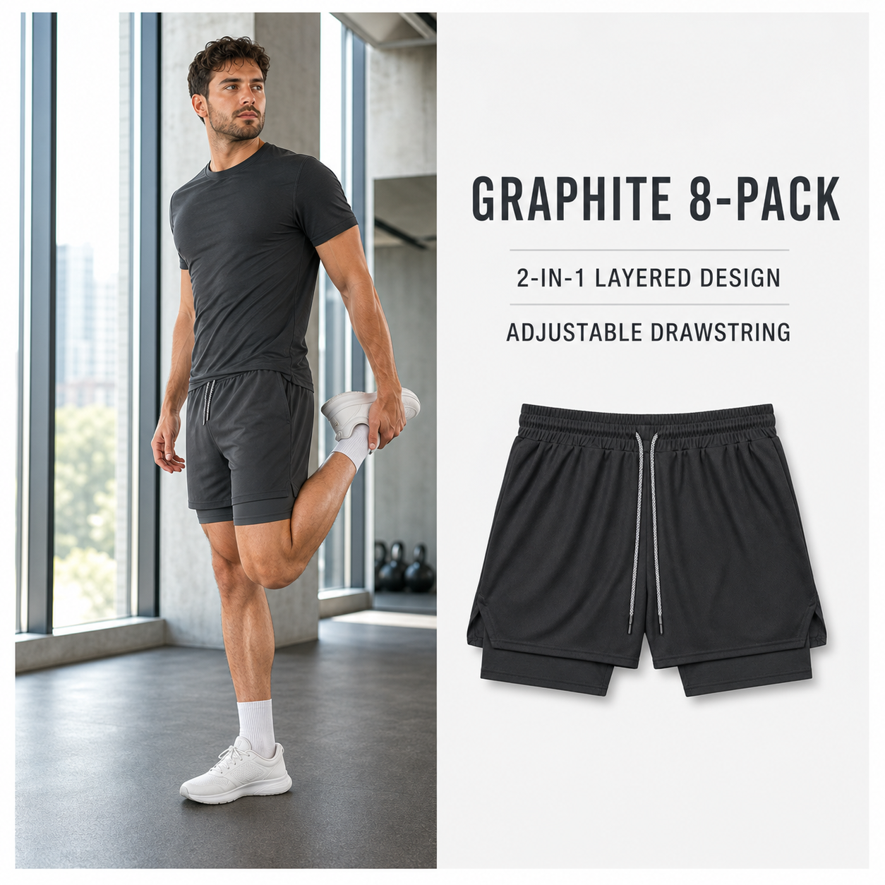 Graphite plain 2-in-1 athletic shorts 8-Pack