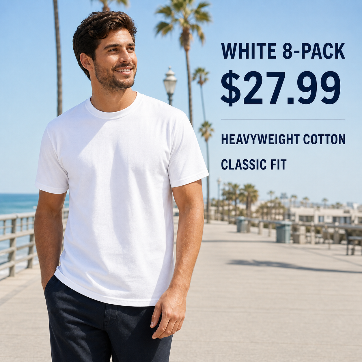 Male model wearing the White 8-Pack heavyweight classic-fit crew-neck T-shirt