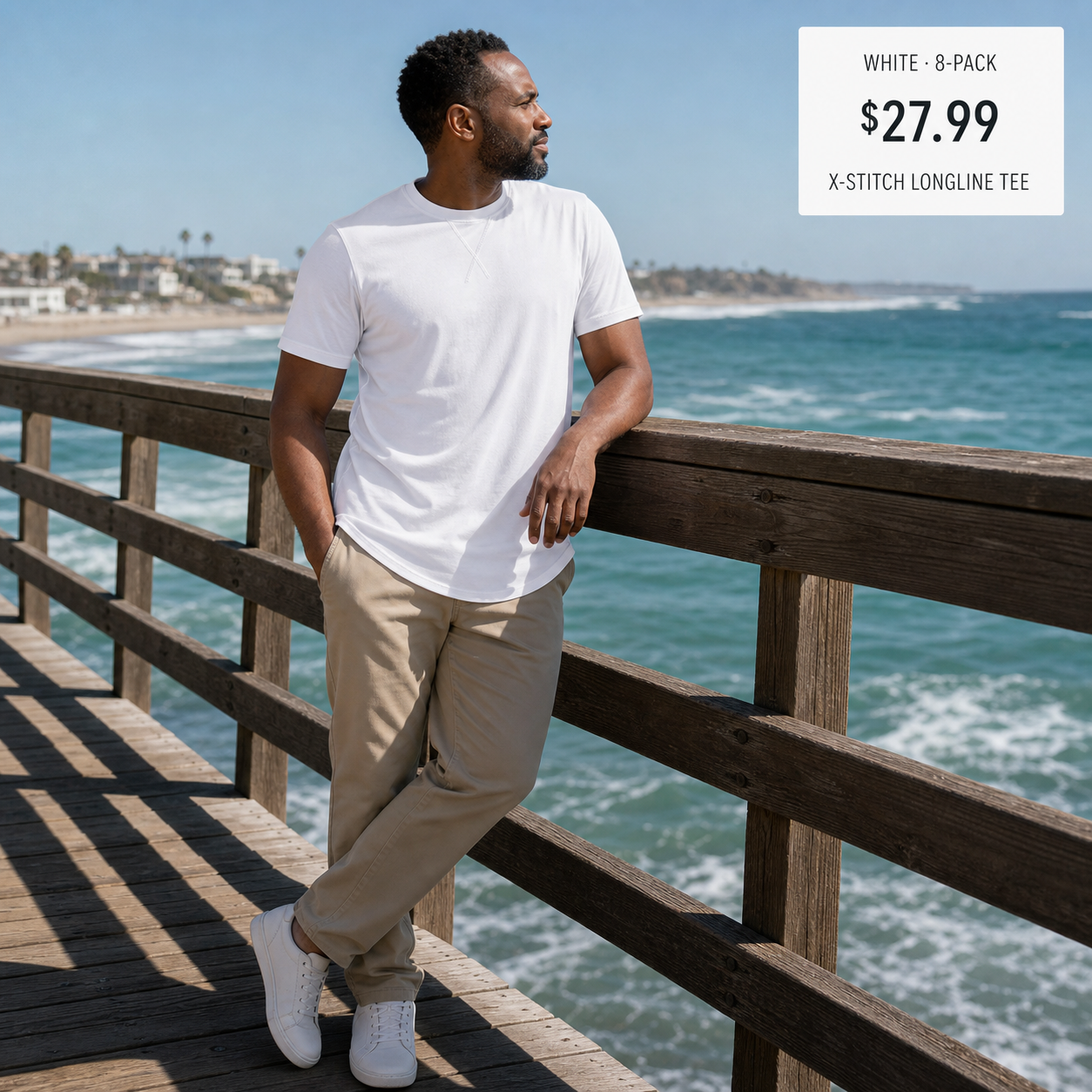 White 8-Pack longline X-stitch crew-neck T-shirt