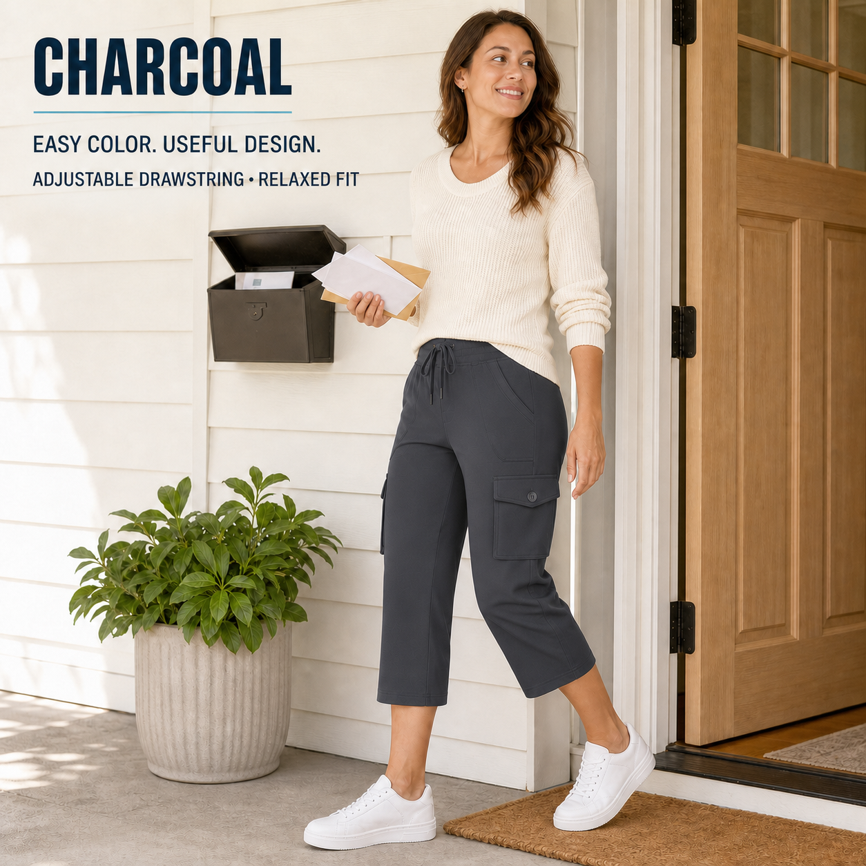 Charcoal women's cargo capri pants 8-Pack lifestyle scene