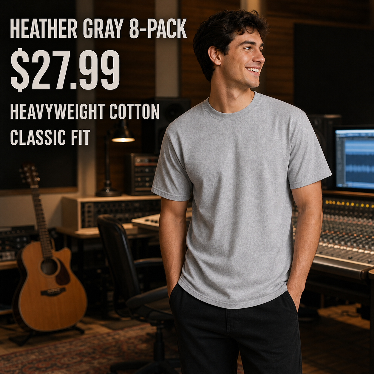 Male model wearing the Heather Gray 8-Pack heavyweight classic-fit crew-neck T-shirt