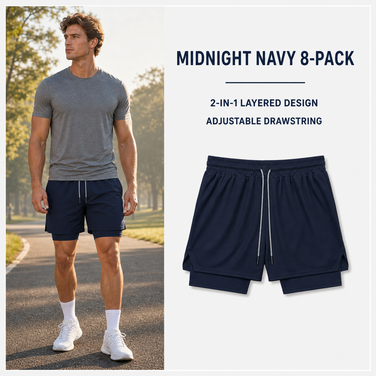 Midnight Navy plain 2-in-1 athletic shorts 8-Pack