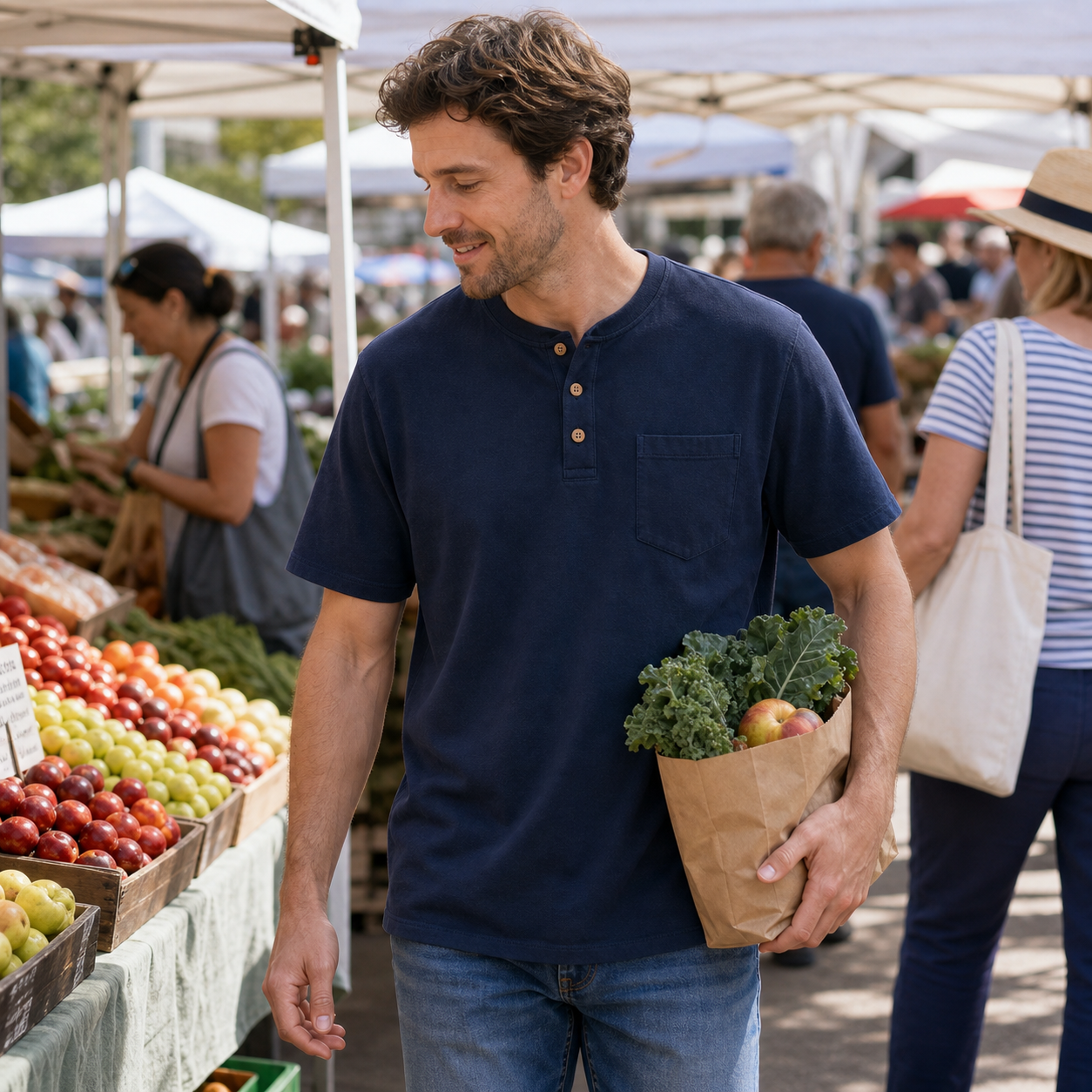 Midnight Navy pocket Henley in a natural farmers market scene