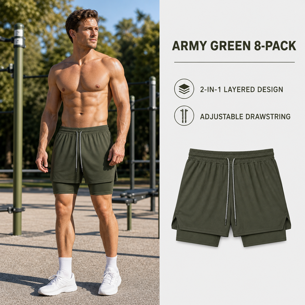 Army Green plain 2-in-1 athletic shorts 8-Pack