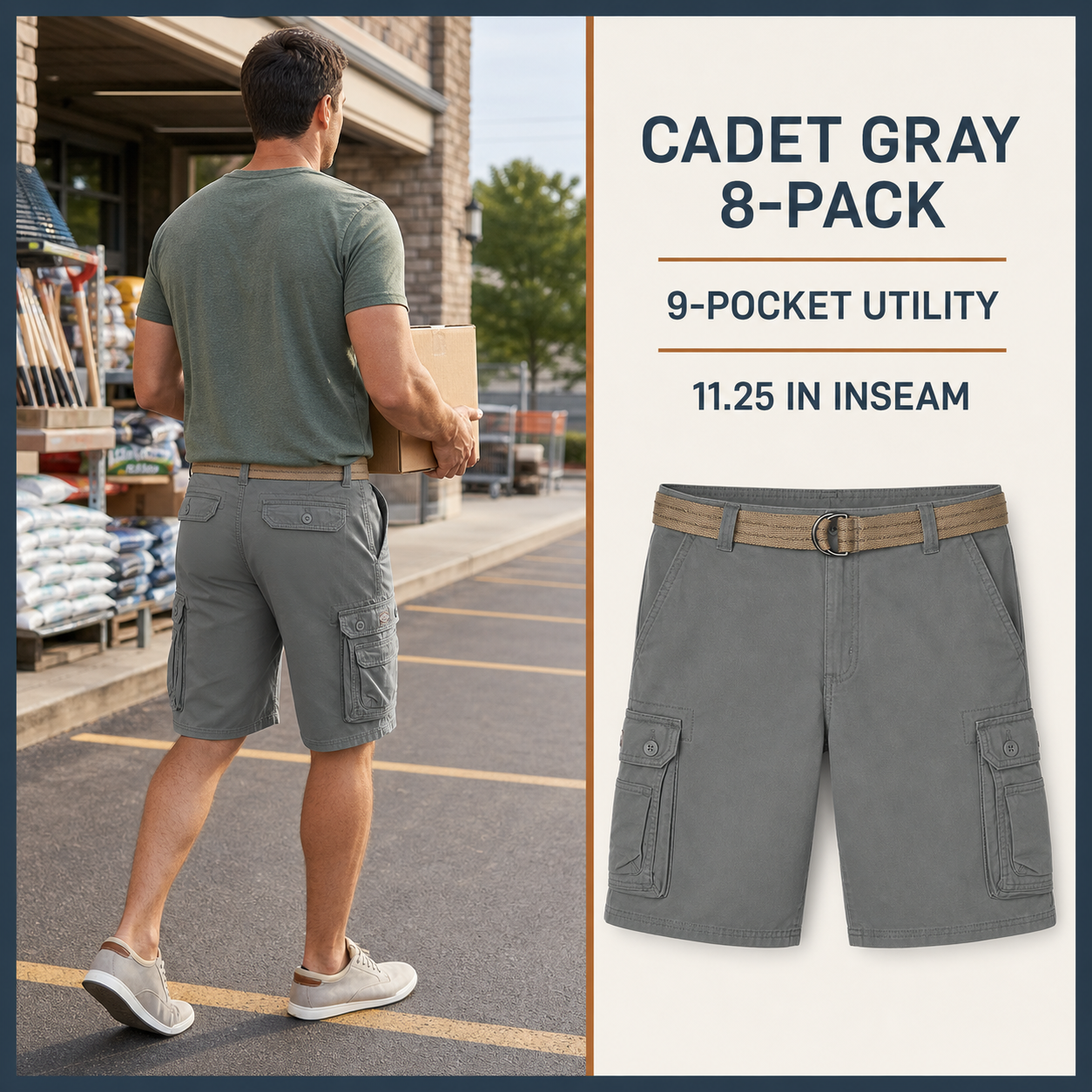 Cadet Gray 8-Pack cargo shorts in a workshop setting
