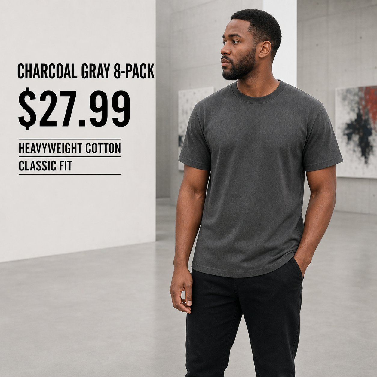 Male model wearing the Charcoal Gray 8-Pack heavyweight classic-fit crew-neck T-shirt