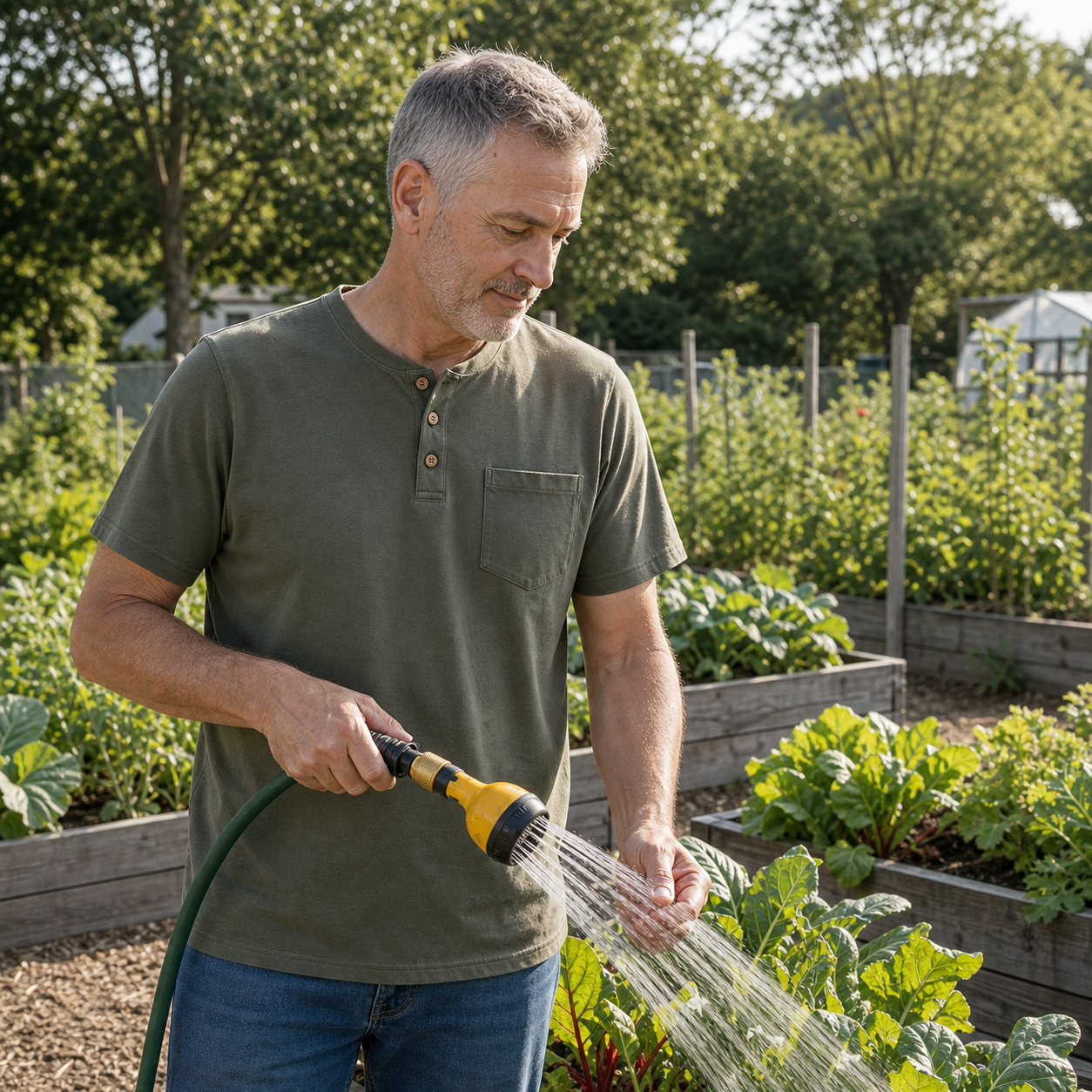 Moss Olive pocket Henley in a natural community garden scene
