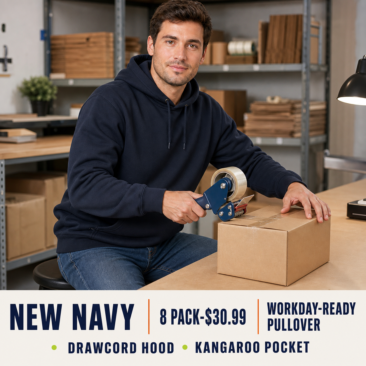 New Navy men's loose-fit pullover hoodie at a packing station