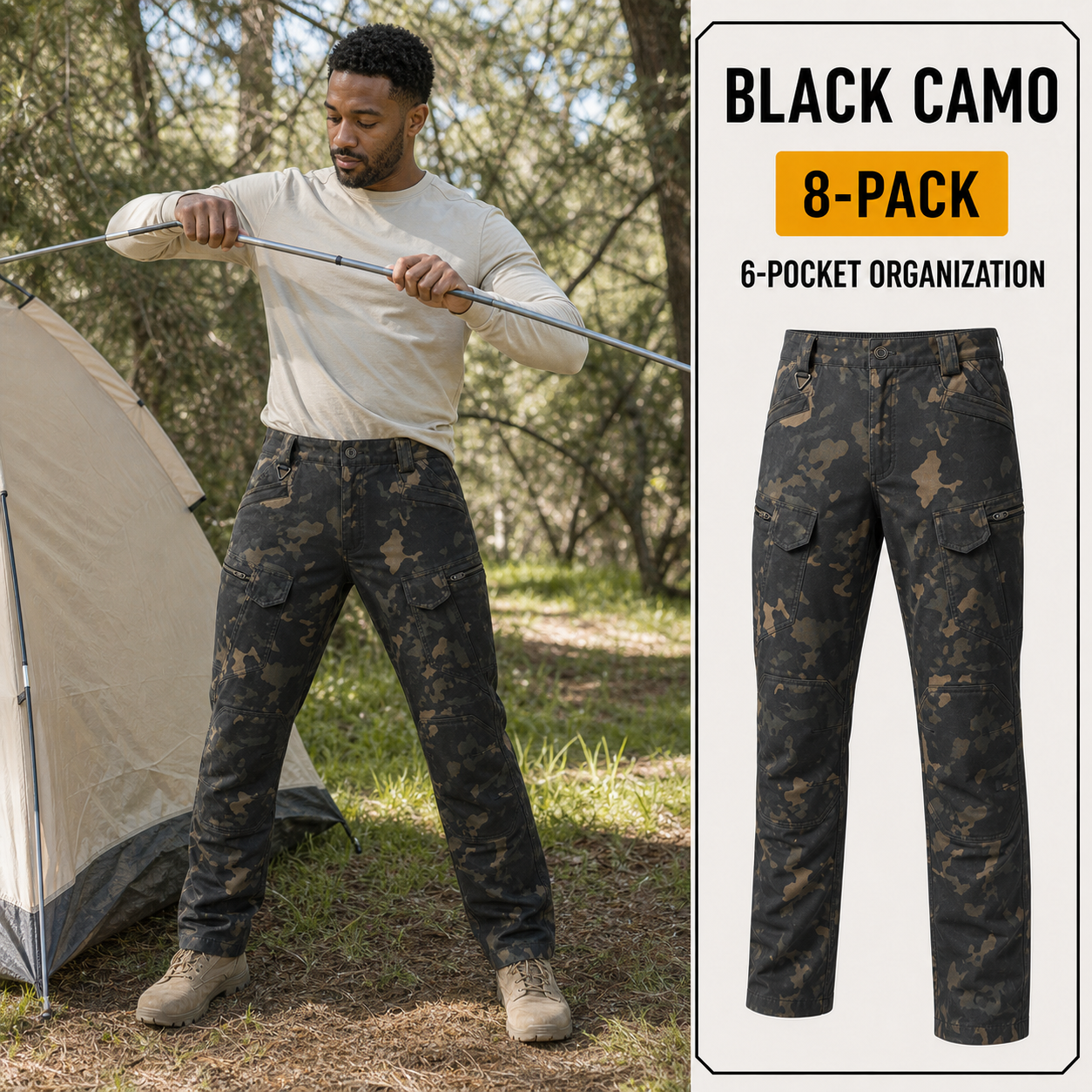 Black Camo 8-Pack men's stretch tactical cargo pants