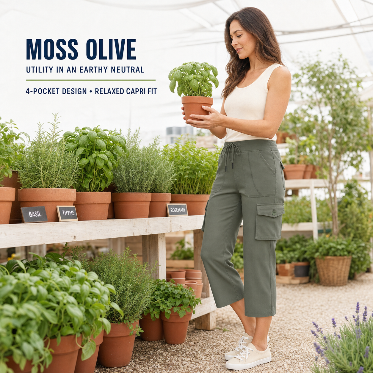 Moss Olive women's cargo capri pants 8-Pack lifestyle scene