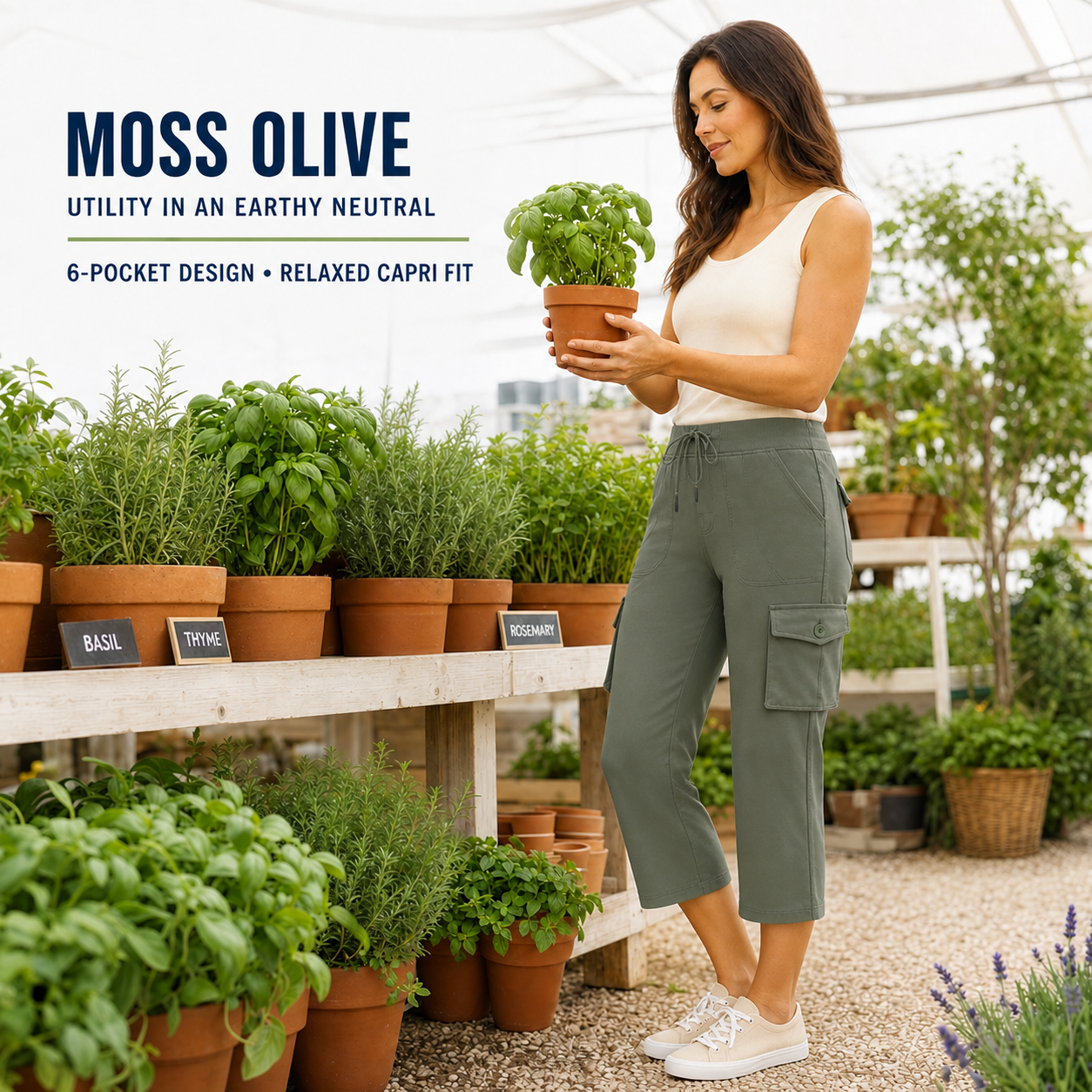 Moss Olive women's cargo capri pants 8-Pack lifestyle scene