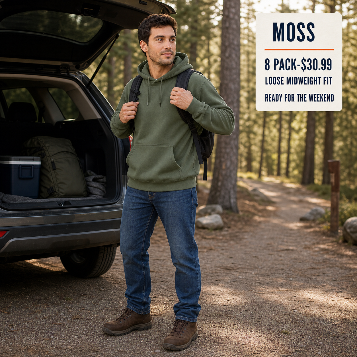 Moss men's loose-fit pullover hoodie at a wooded trailhead