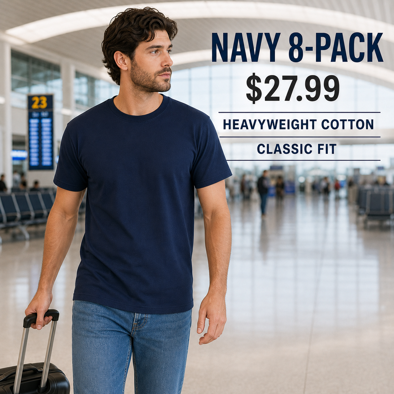 Male model wearing the Navy 8-Pack heavyweight classic-fit crew-neck T-shirt