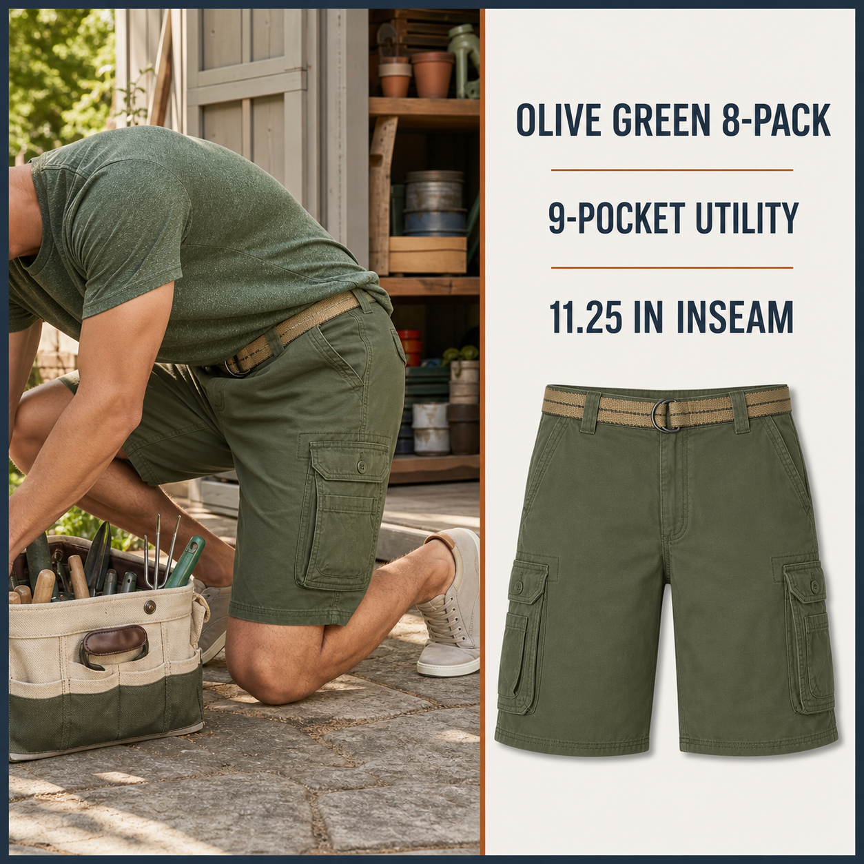Olive Green 8-Pack cargo shorts in a garden setting