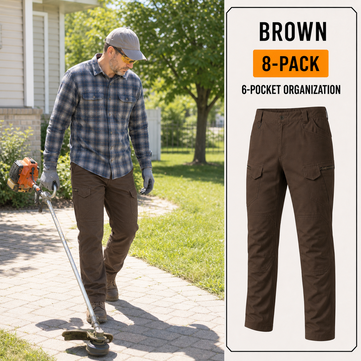 Brown 8-Pack men's stretch tactical cargo pants