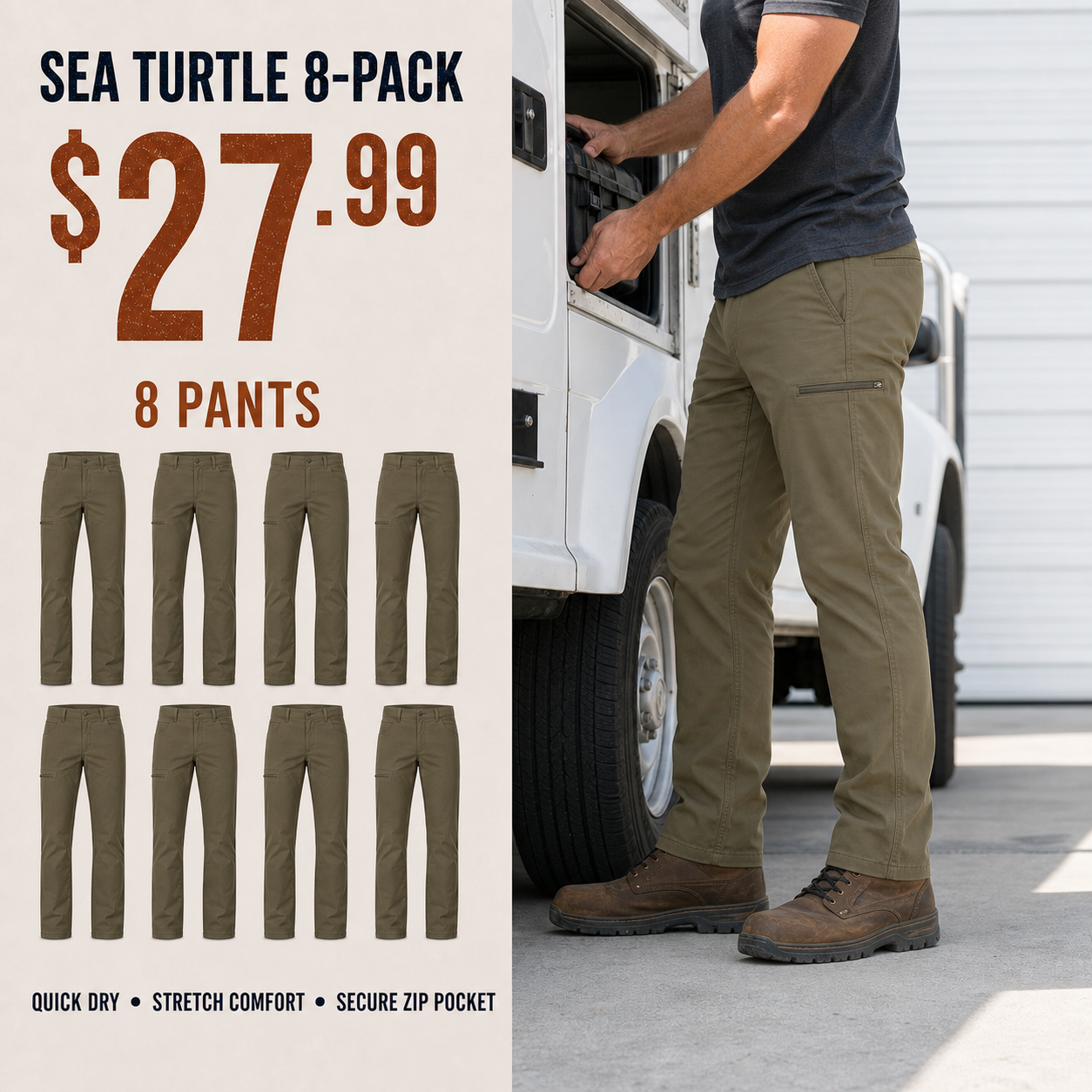 Sea Turtle utility pants 8-Pack in a bright outdoor work scene