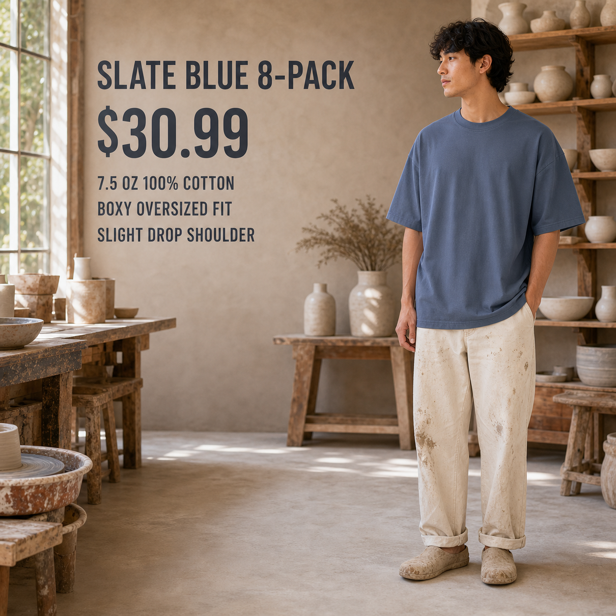 Slate Blue 8-Pack heavyweight oversized cotton T-shirt on model