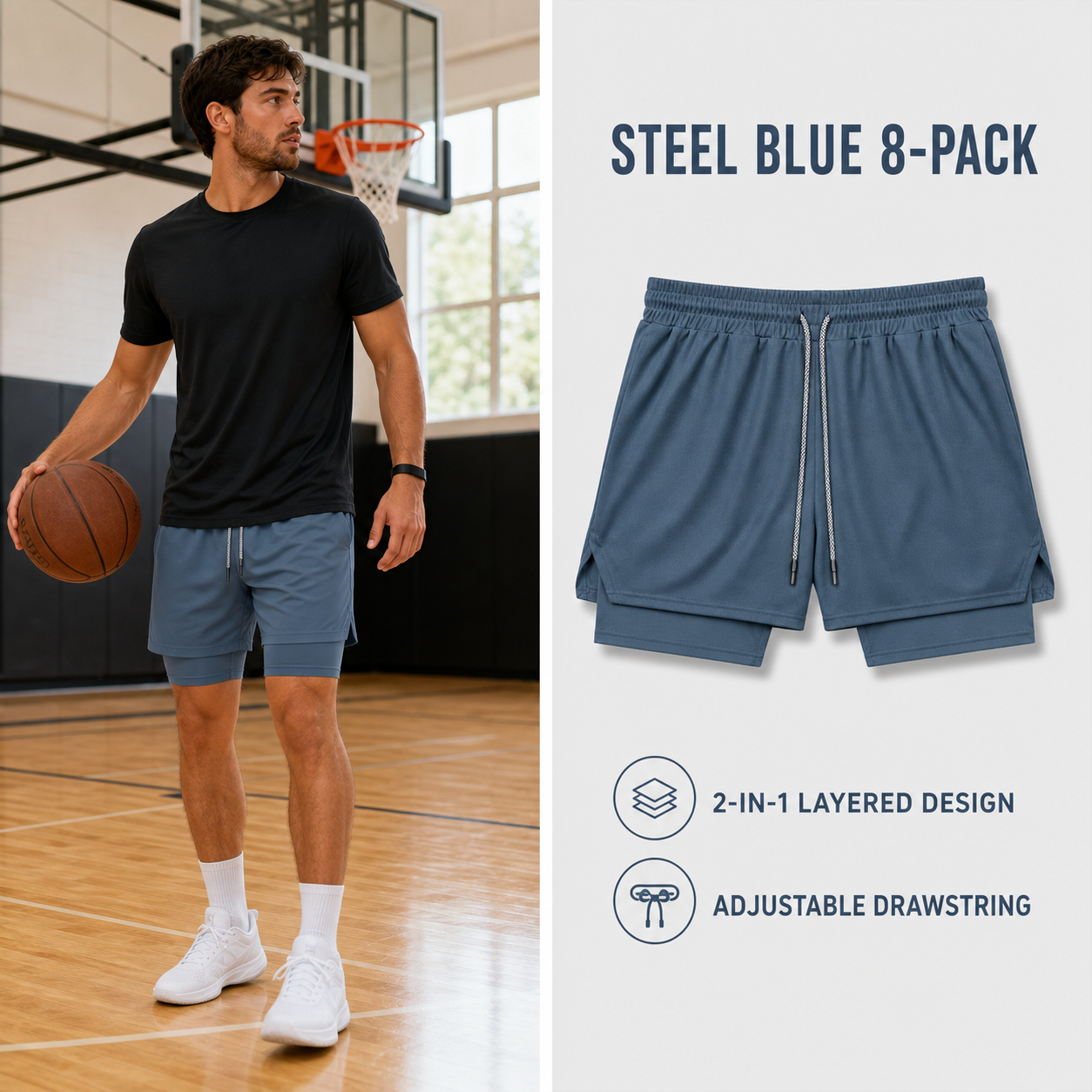 Steel Blue plain 2-in-1 athletic shorts 8-Pack
