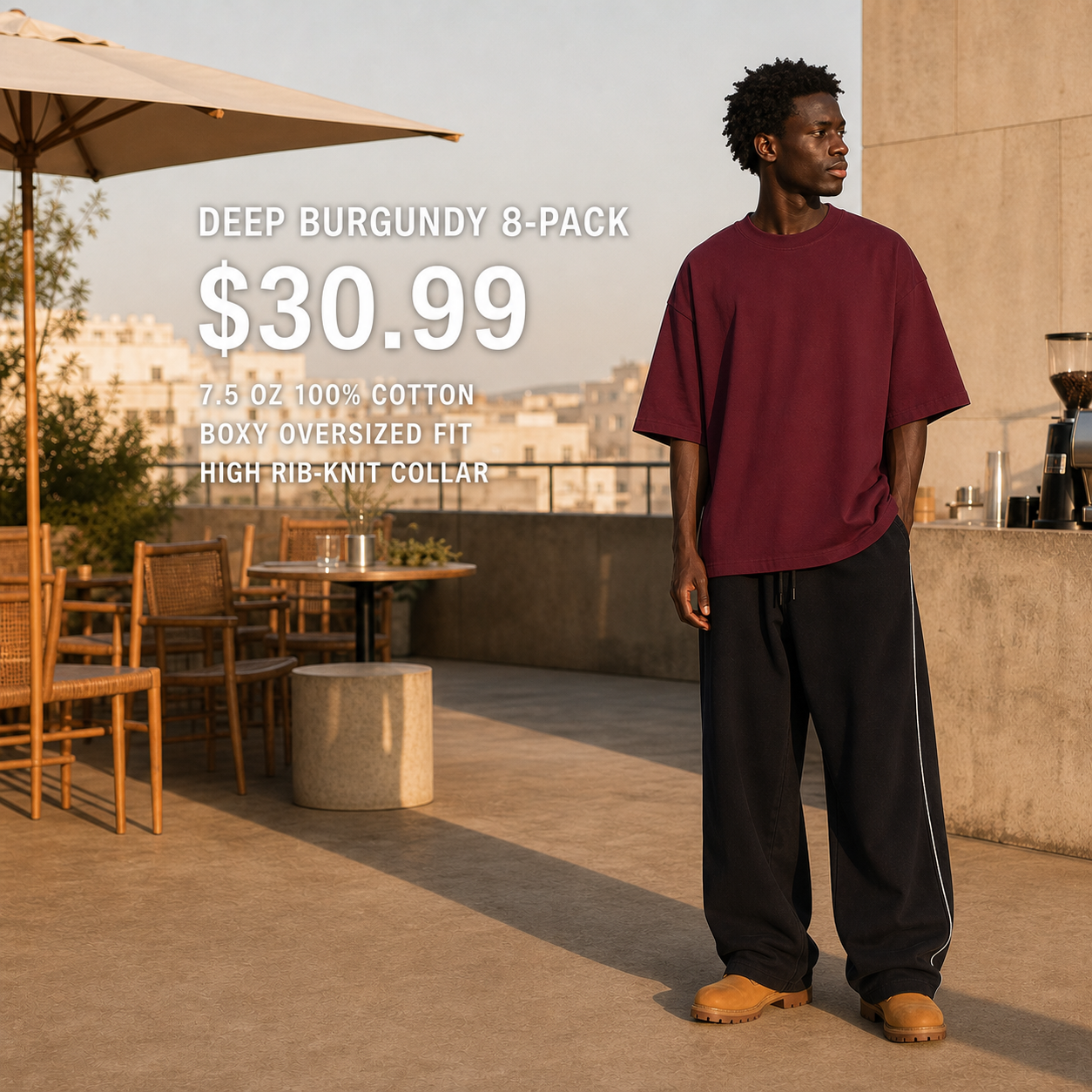 Deep Burgundy 8-Pack heavyweight oversized cotton T-shirt on model