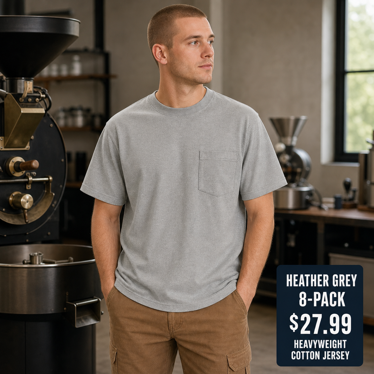 Heather Grey heavyweight pocket T-shirt front view