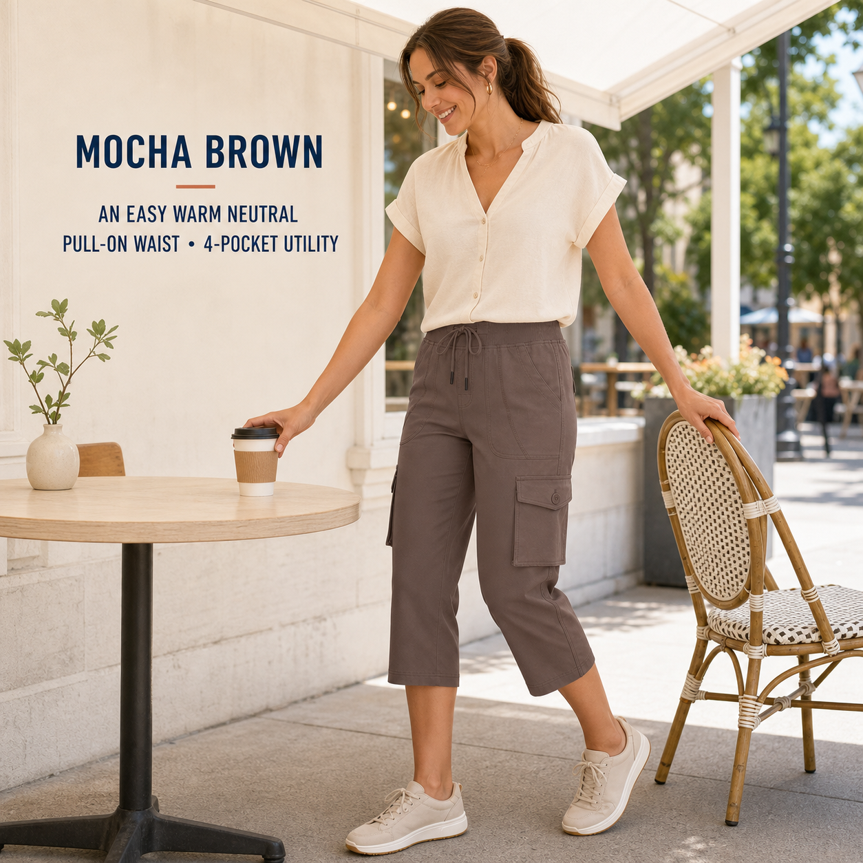 Mocha Brown cargo capri pants on a waterfront boardwalk