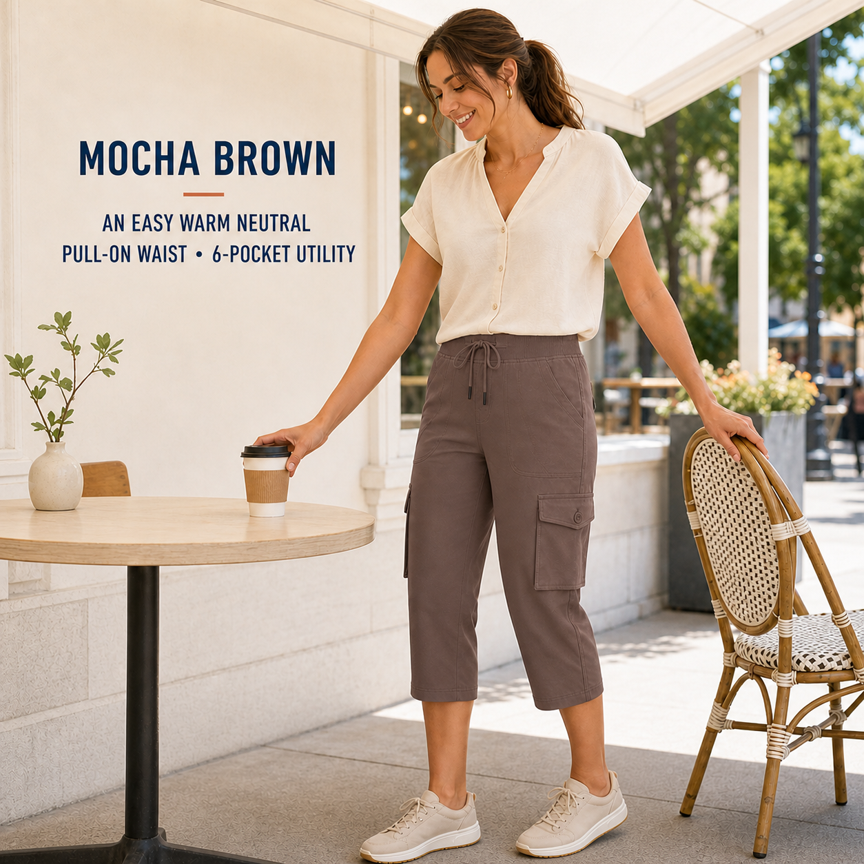 Mocha Brown cargo capri pants on a waterfront boardwalk