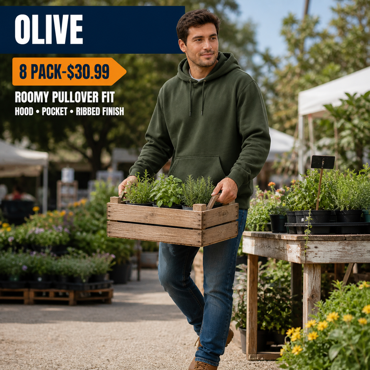 Olive men's loose-fit pullover hoodie at an outdoor garden market