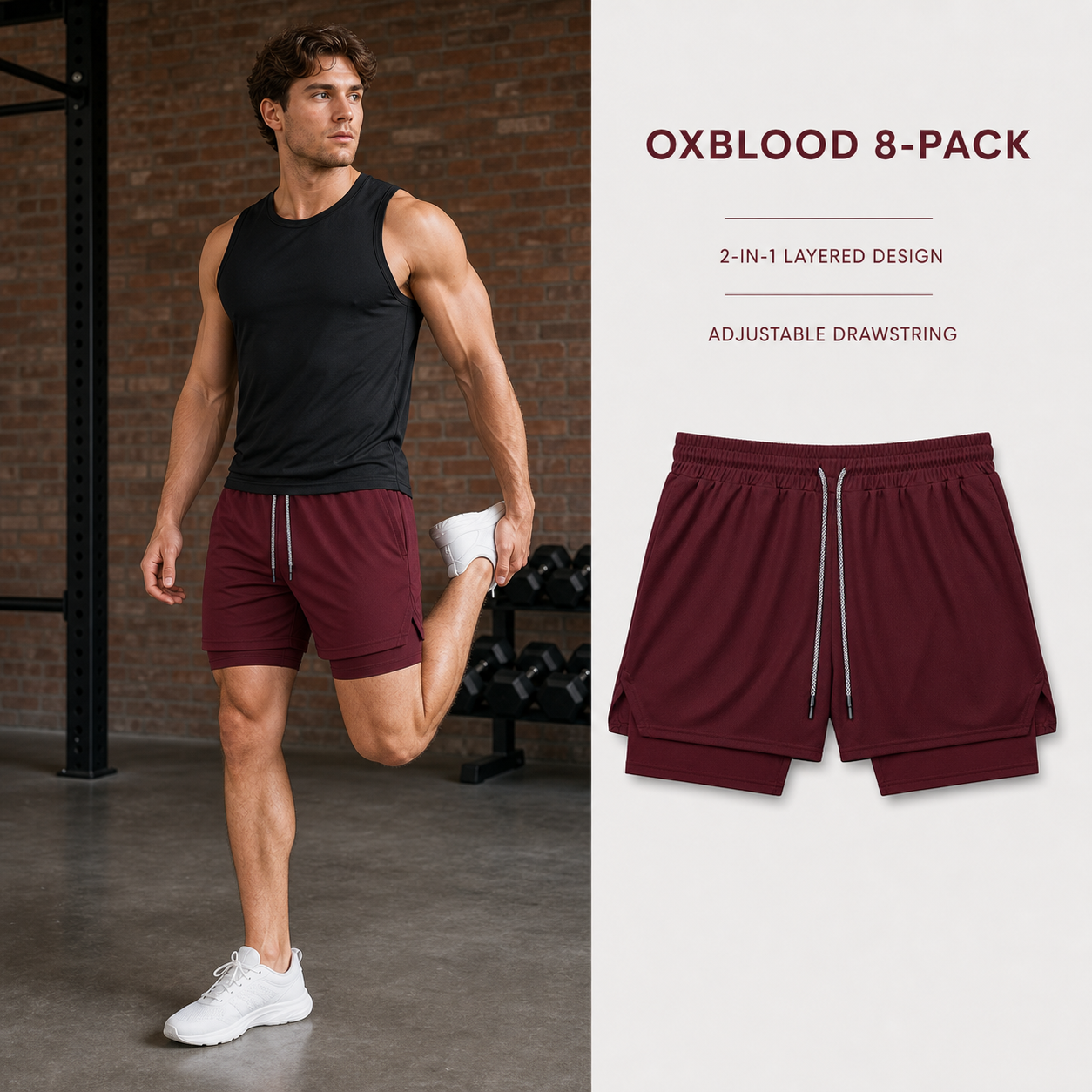 Oxblood plain 2-in-1 athletic shorts 8-Pack