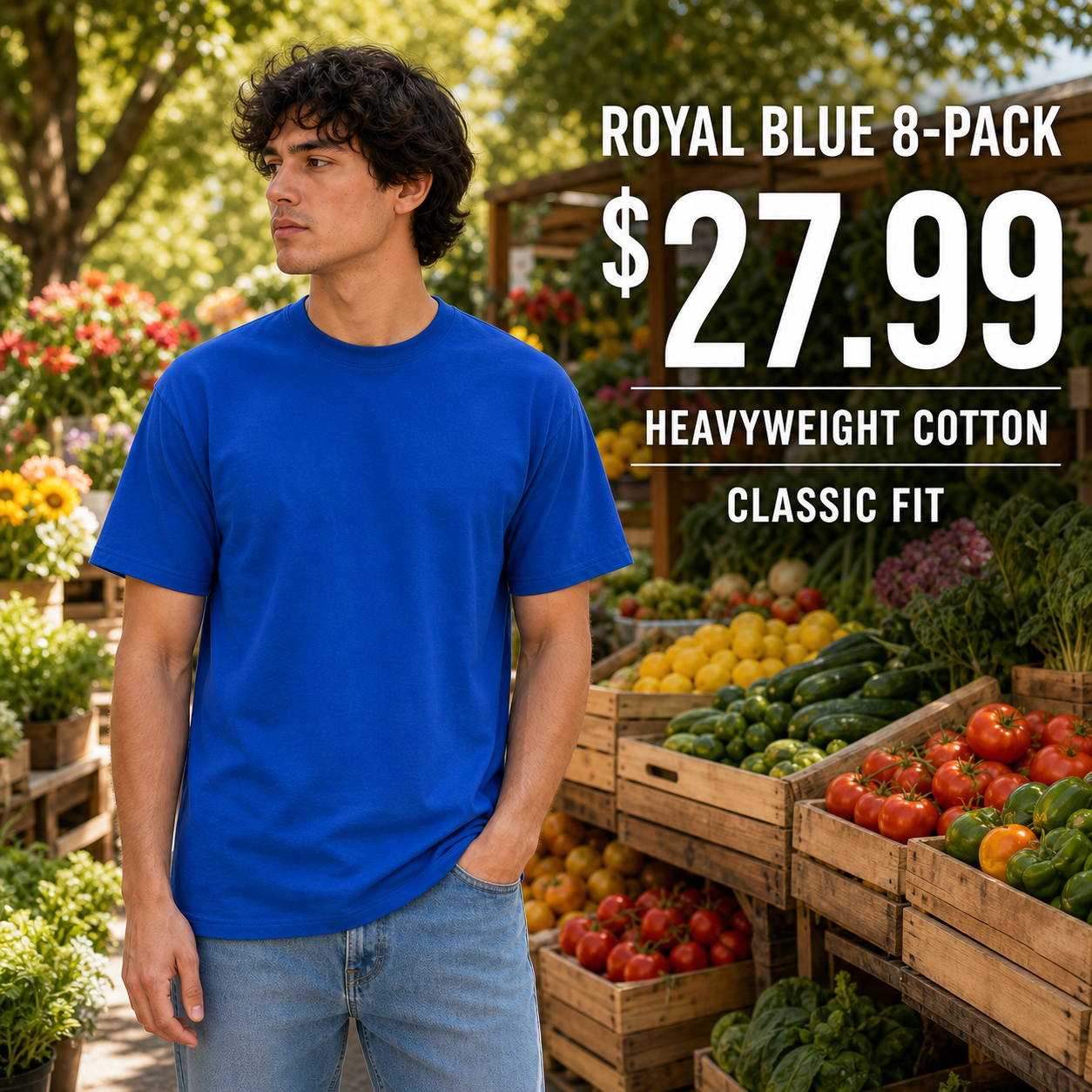 Male model wearing the Royal Blue 8-Pack heavyweight classic-fit crew-neck T-shirt