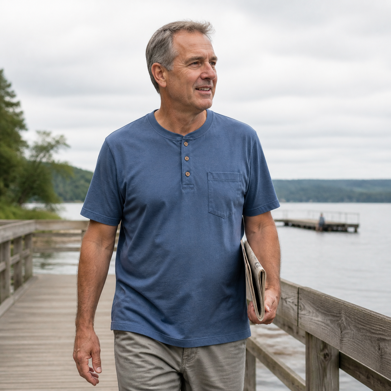 Steel Blue pocket Henley in a natural lakeside walking scene