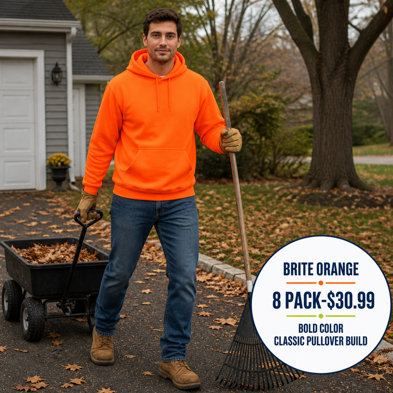 Brite Orange men's loose-fit pullover hoodie during yard cleanup