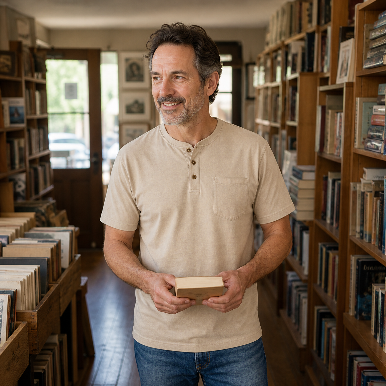 Desert Sand pocket Henley in a natural used bookstore scene