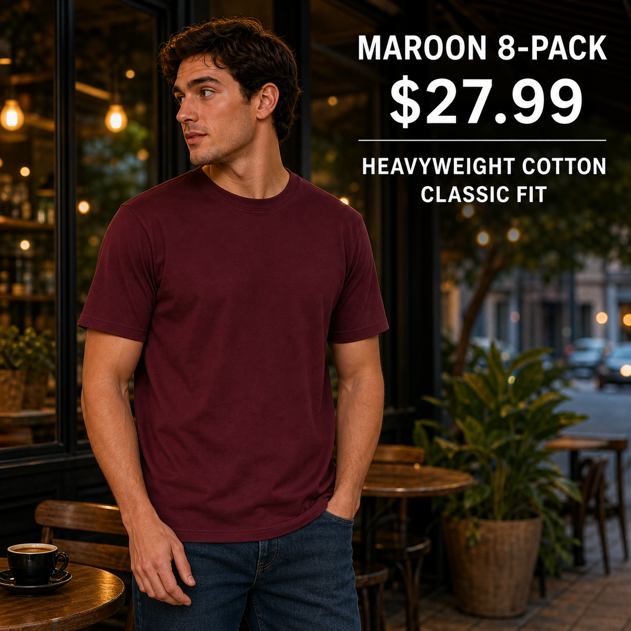 Male model wearing the Maroon 8-Pack heavyweight classic-fit crew-neck T-shirt