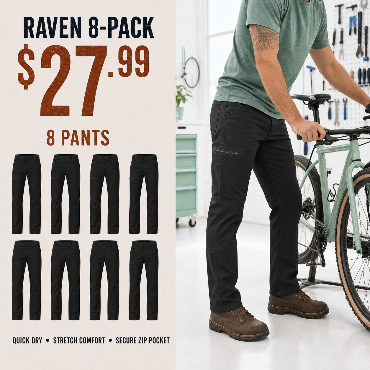 Raven utility pants 8-Pack in a bright cycling scene