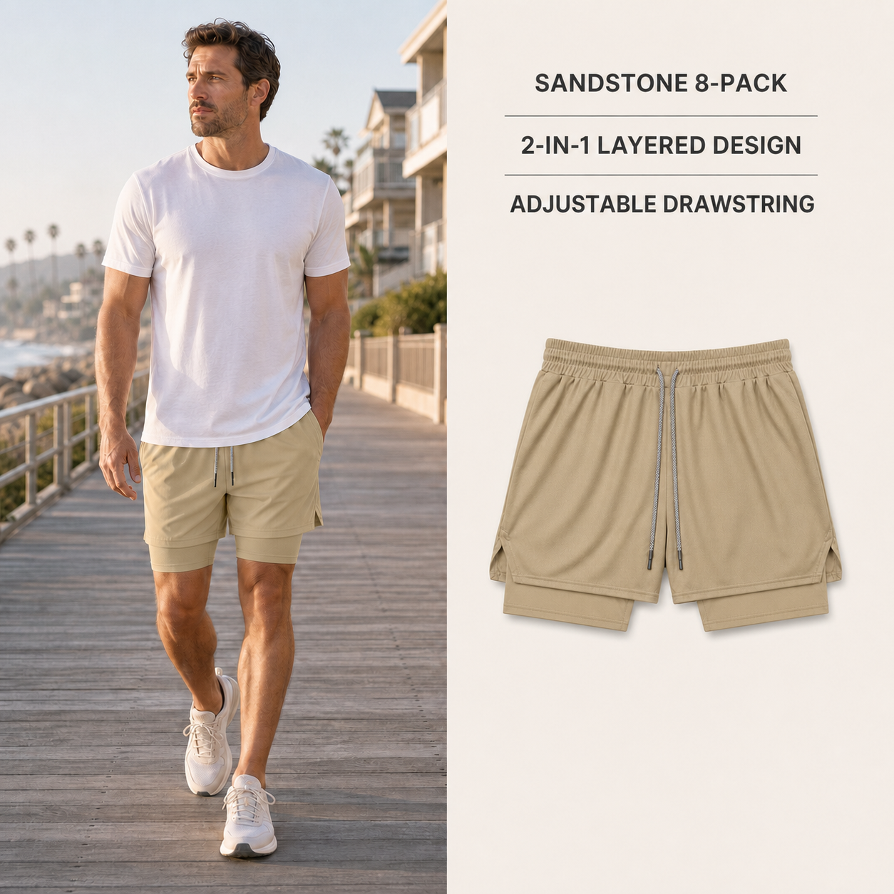 Sandstone plain 2-in-1 athletic shorts 8-Pack