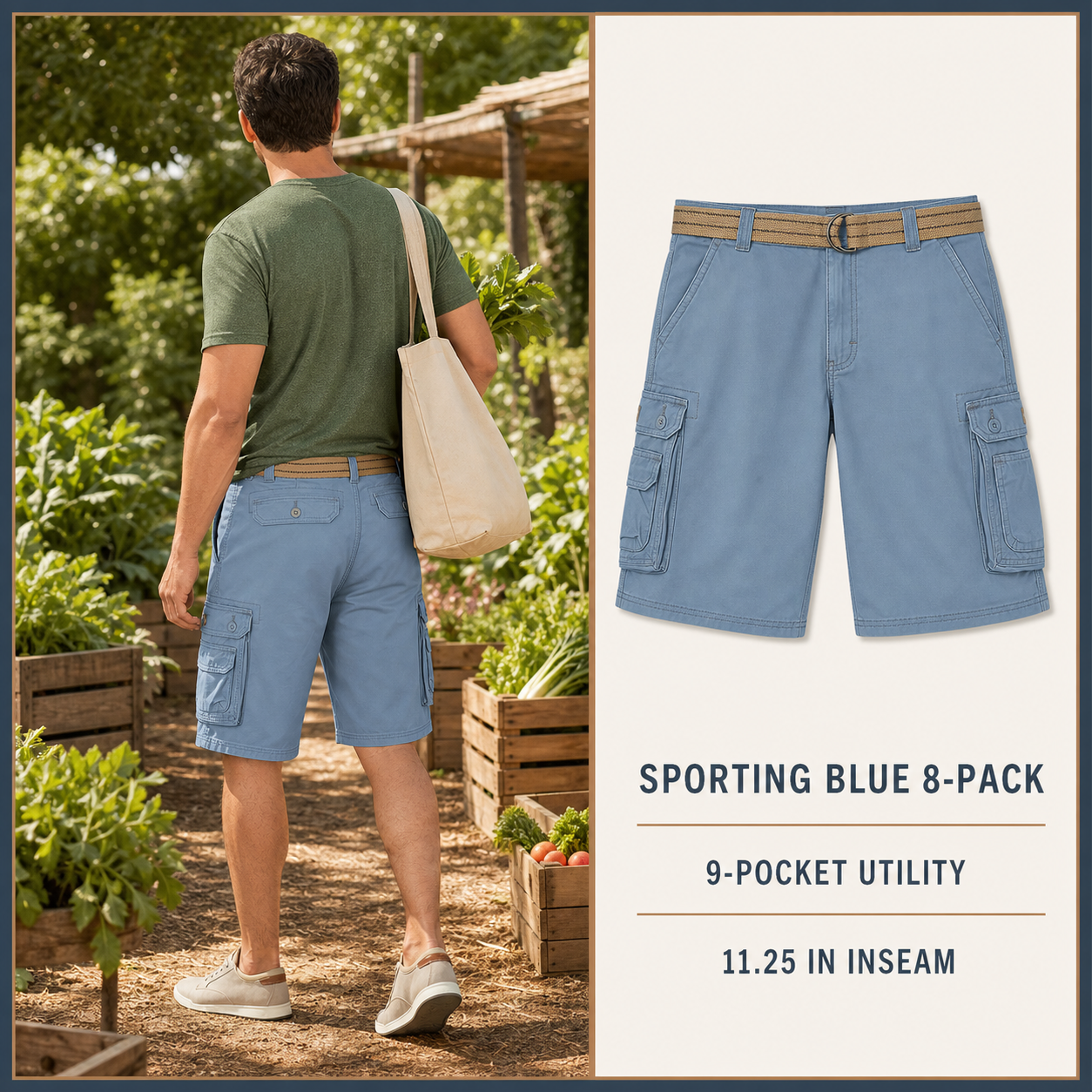 Sporting Blue 8-Pack cargo shorts in a garden setting