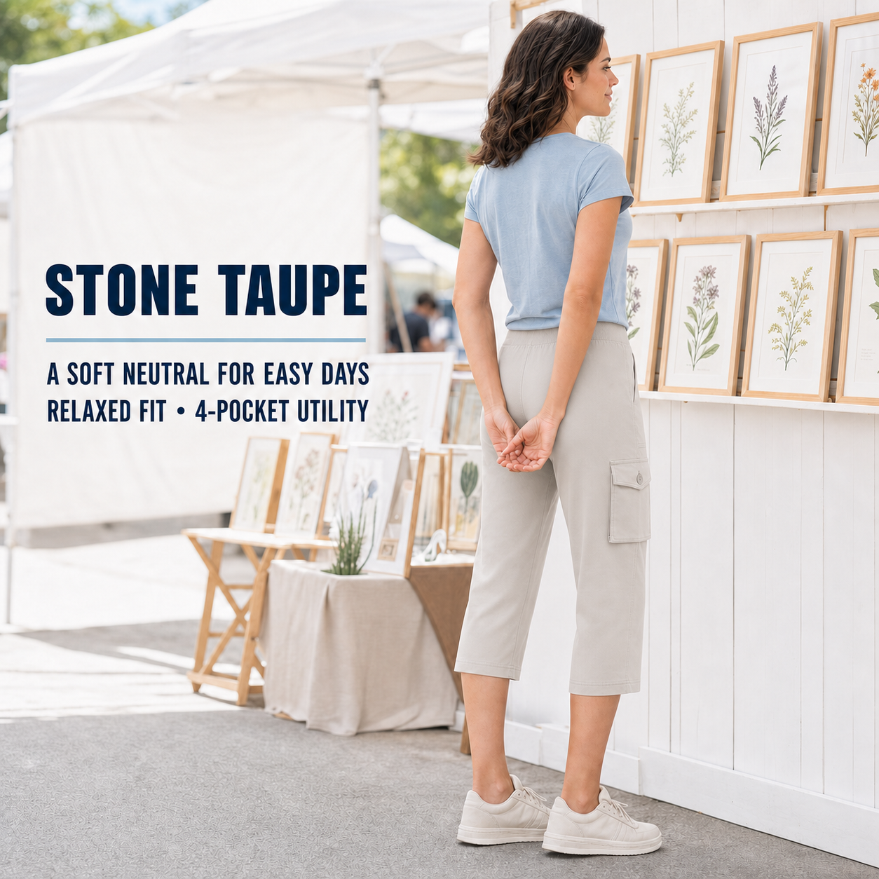 Stone Taupe cargo capri pants at an art market