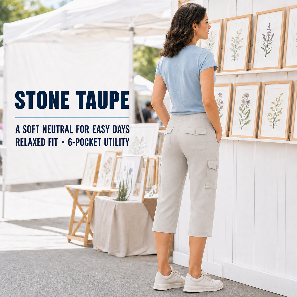 Stone Taupe cargo capri pants at an art market