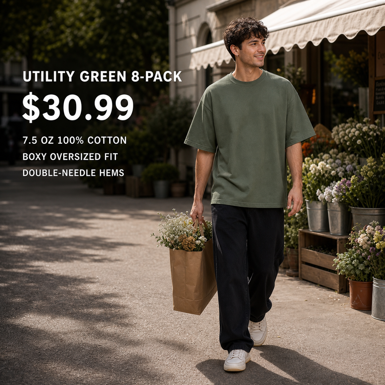 Utility Green 8-Pack heavyweight oversized cotton T-shirt on model