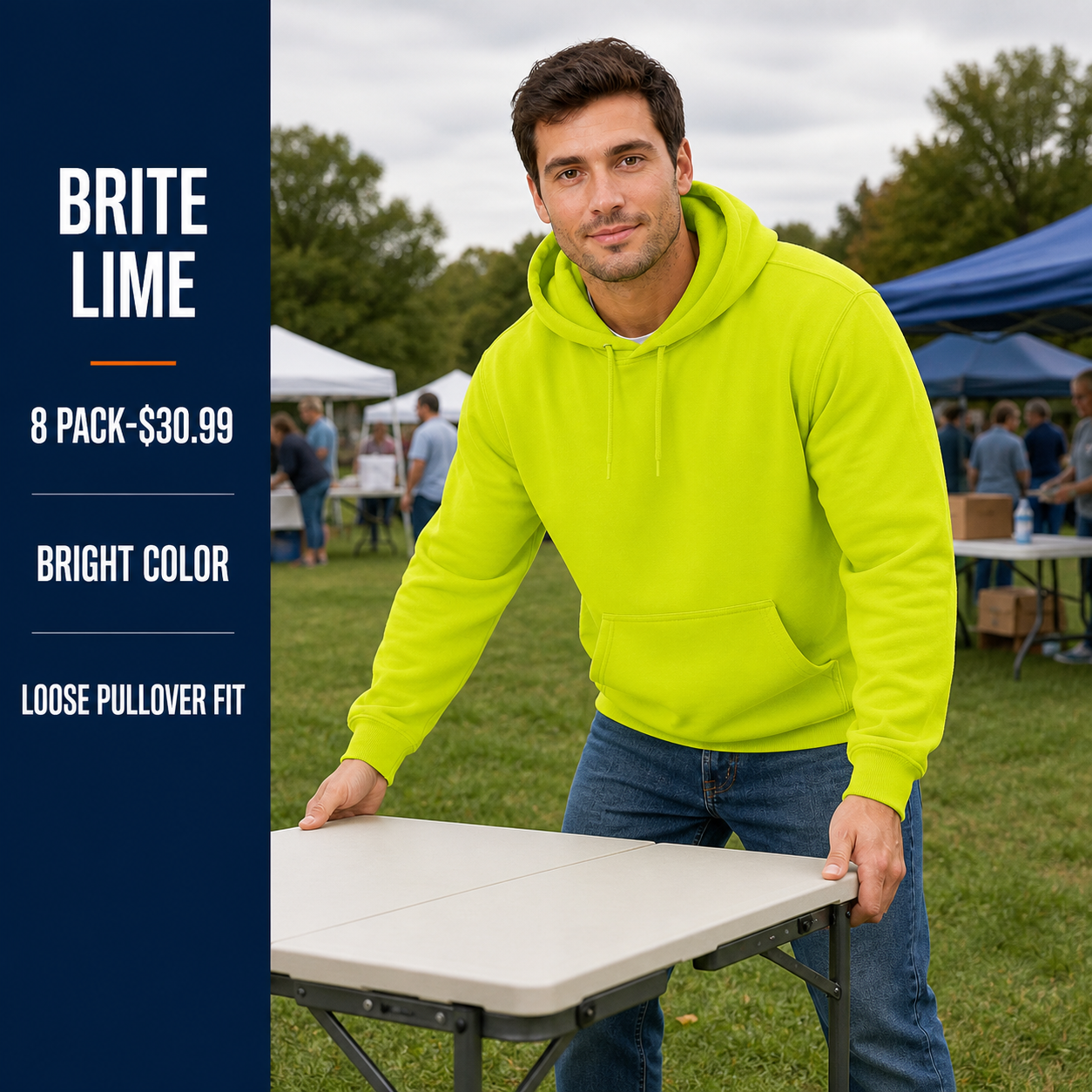 Brite Lime men's loose-fit pullover hoodie during outdoor event setup