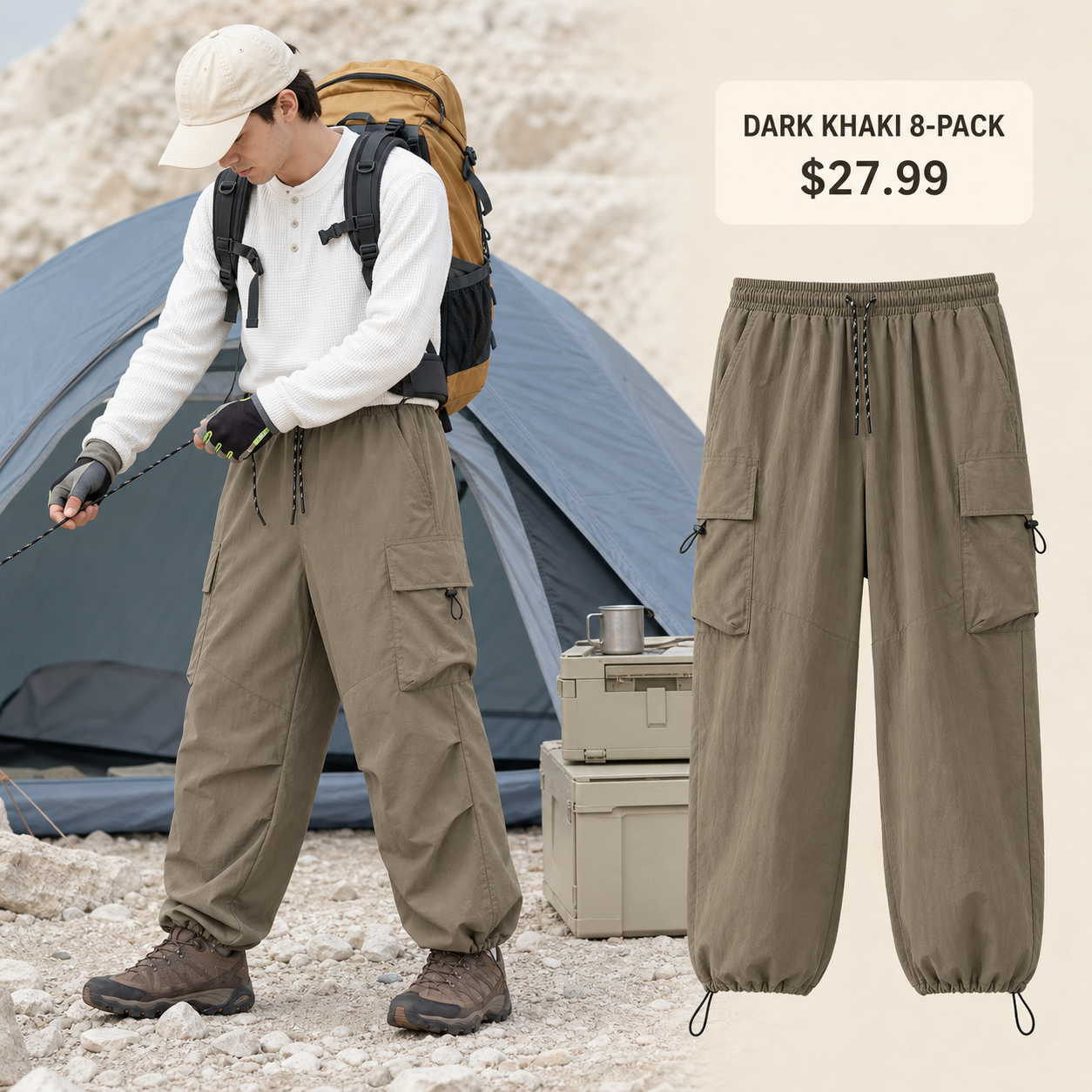 Dark Khaki lightweight parachute cargo pants 8-Pack