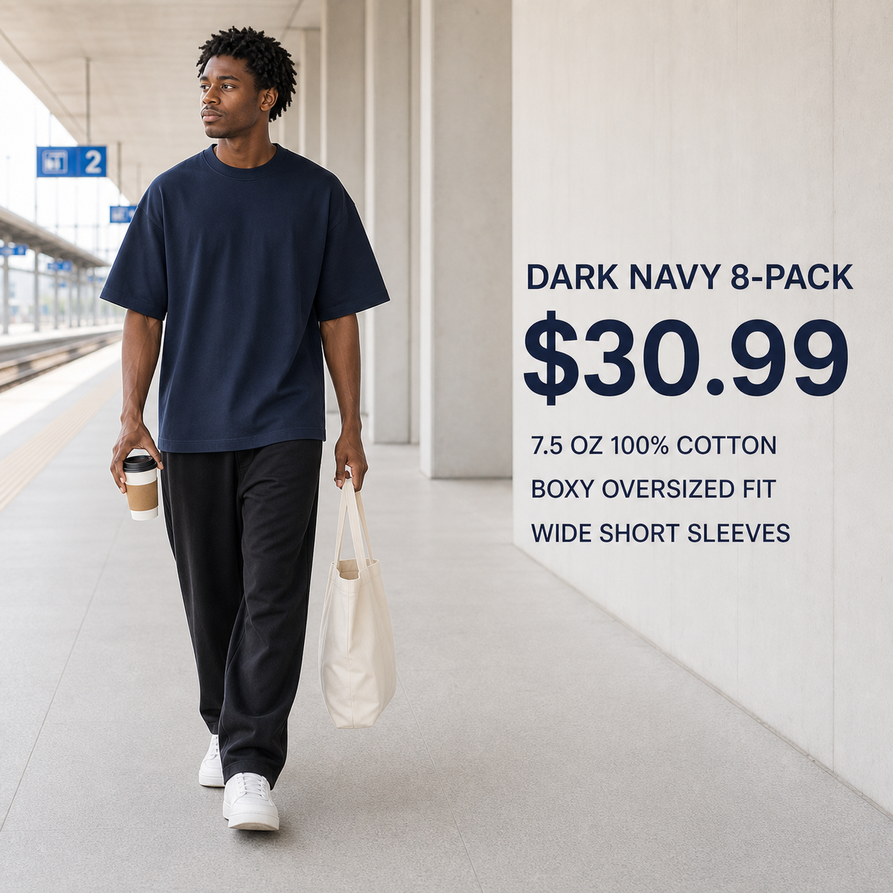 Dark Navy 8-Pack heavyweight oversized cotton T-shirt on model