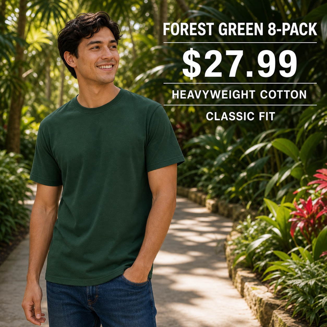 Male model wearing the Forest Green 8-Pack heavyweight classic-fit crew-neck T-shirt