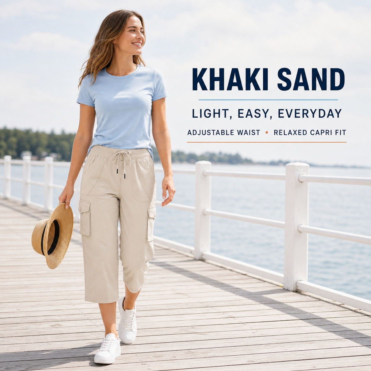 Khaki Sand women's cargo capri pants 8-Pack lifestyle scene