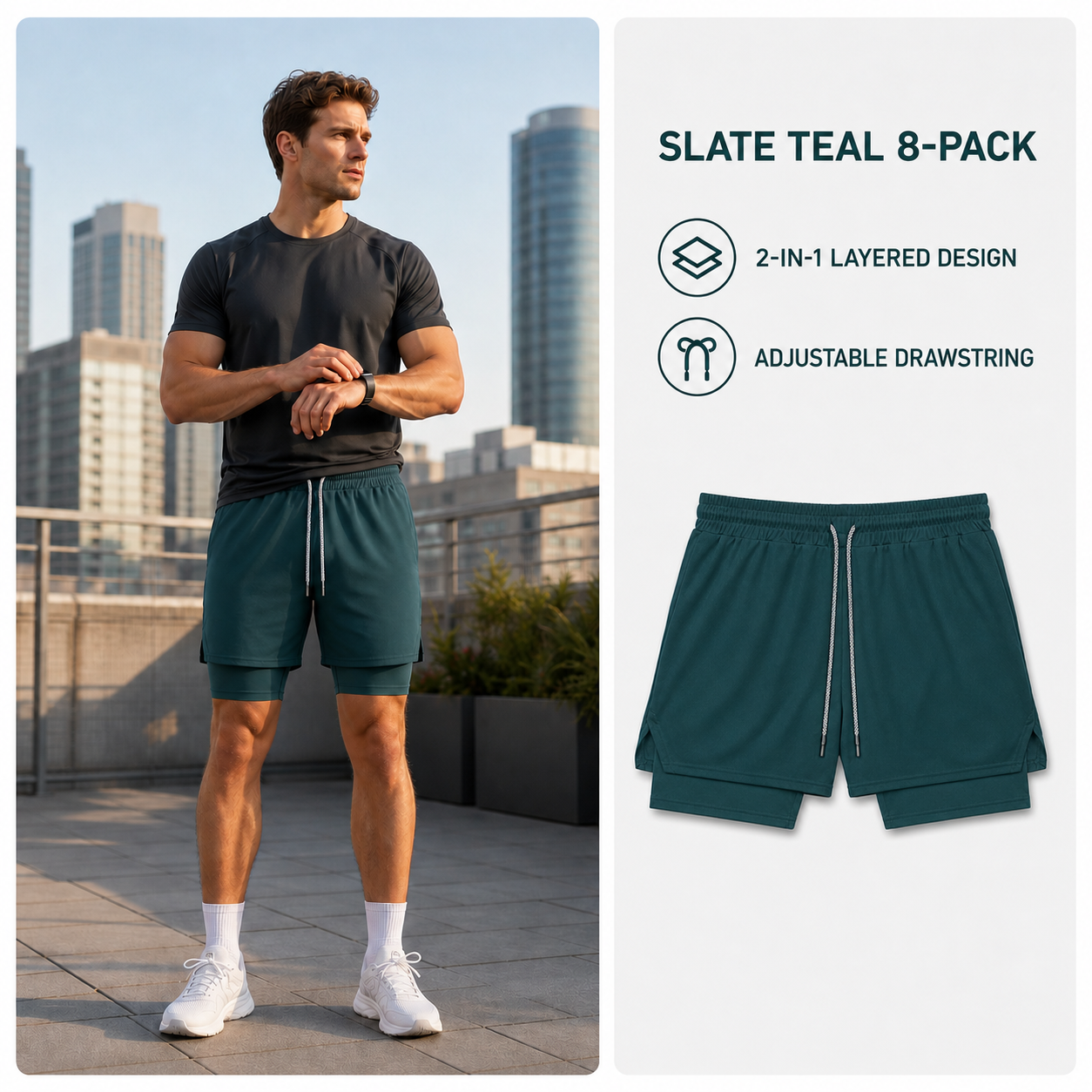 Slate Teal plain 2-in-1 athletic shorts 8-Pack